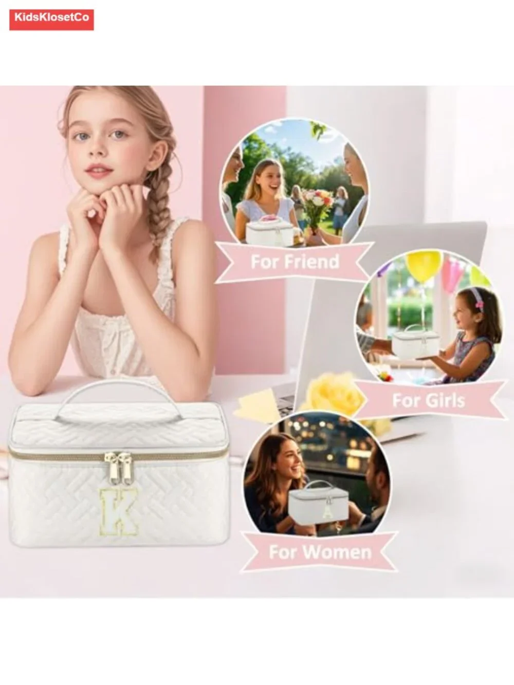 Quilted Personalized Initial Cosmetic Bag with Chenille Letter, Zipper, Handle
